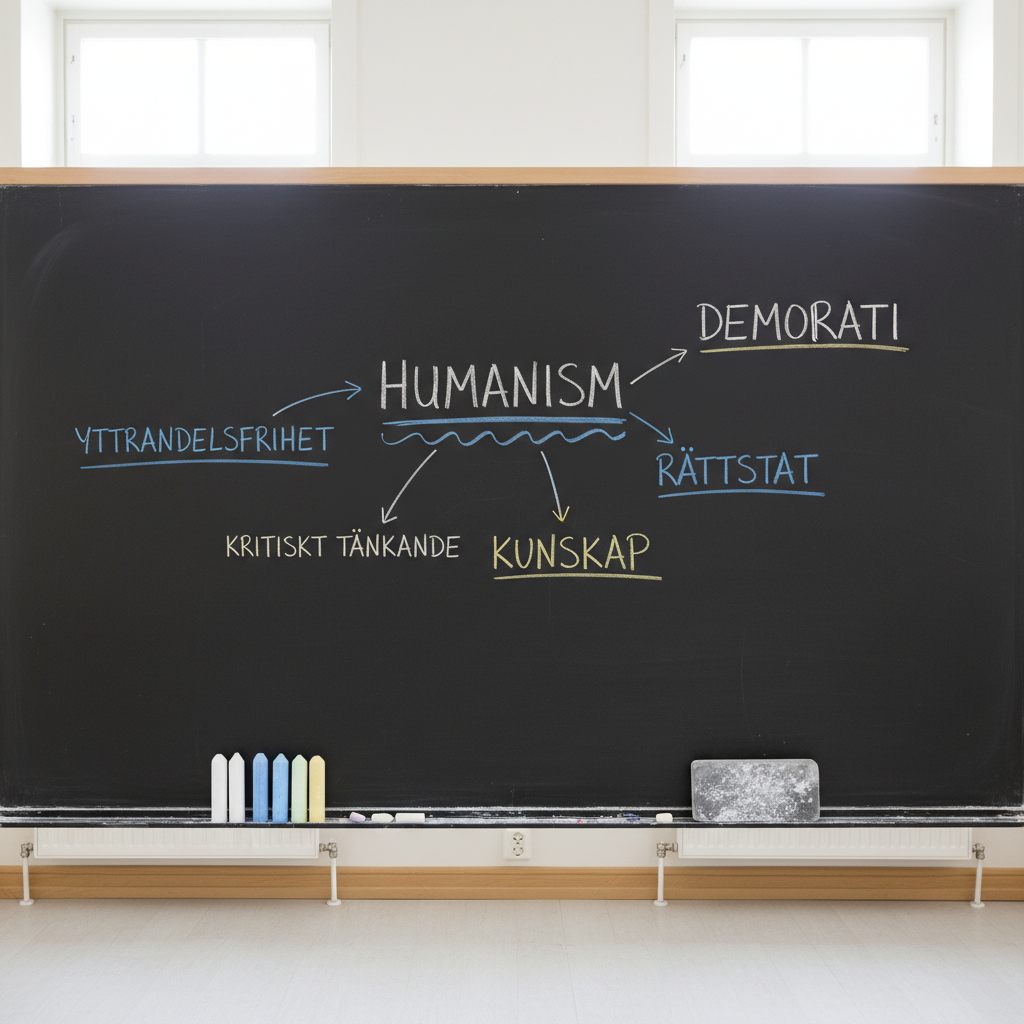 A large, unadorned blackboard stretches across the image, its surface covered with carefully written chalk concepts like “humanism”, “demokrati”, and “kunskap” in Swedish, connected by arrows and underlines in different colors. At the bottom edge, an orderly row of chalk sticks in white, blue, and yellow lies next to a well-used felt eraser dusted with fine chalk powder. The setting is a quiet seminar room with pale, neutral walls and minimalist wooden trim. Soft, indirect daylight filters through high windows, eliminating harsh shadows and creating a contemplative atmosphere. Photographic realism, shot from straight on at eye level with sharp focus across the entire blackboard, emphasizing clarity of ideas and structured, thoughtful public debate.