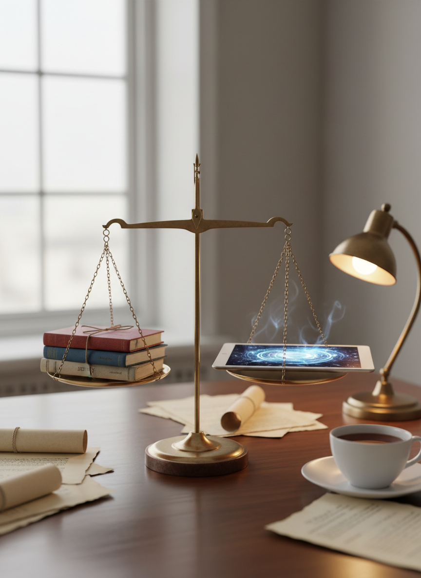 An antique brass balance scale rests on a dark walnut desk, one side holding a small stack of well-worn, cloth-bound books labeled with faint titles about democracy and ethics, the other side carrying a single, sleek slate-gray tablet glowing faintly. The scale is perfectly centered in the frame, surrounded by scattered, unbranded documents and a simple ceramic cup of tea. Soft, overcast daylight from a nearby window washes the scene in neutral tones, while a warm desk lamp off to the side adds a gentle amber highlight to the brass. Photographic realism, captured from a slightly elevated angle, with sharp focus and subtle depth, conveying the tension and harmony between tradition, knowledge, and modern political debate.
