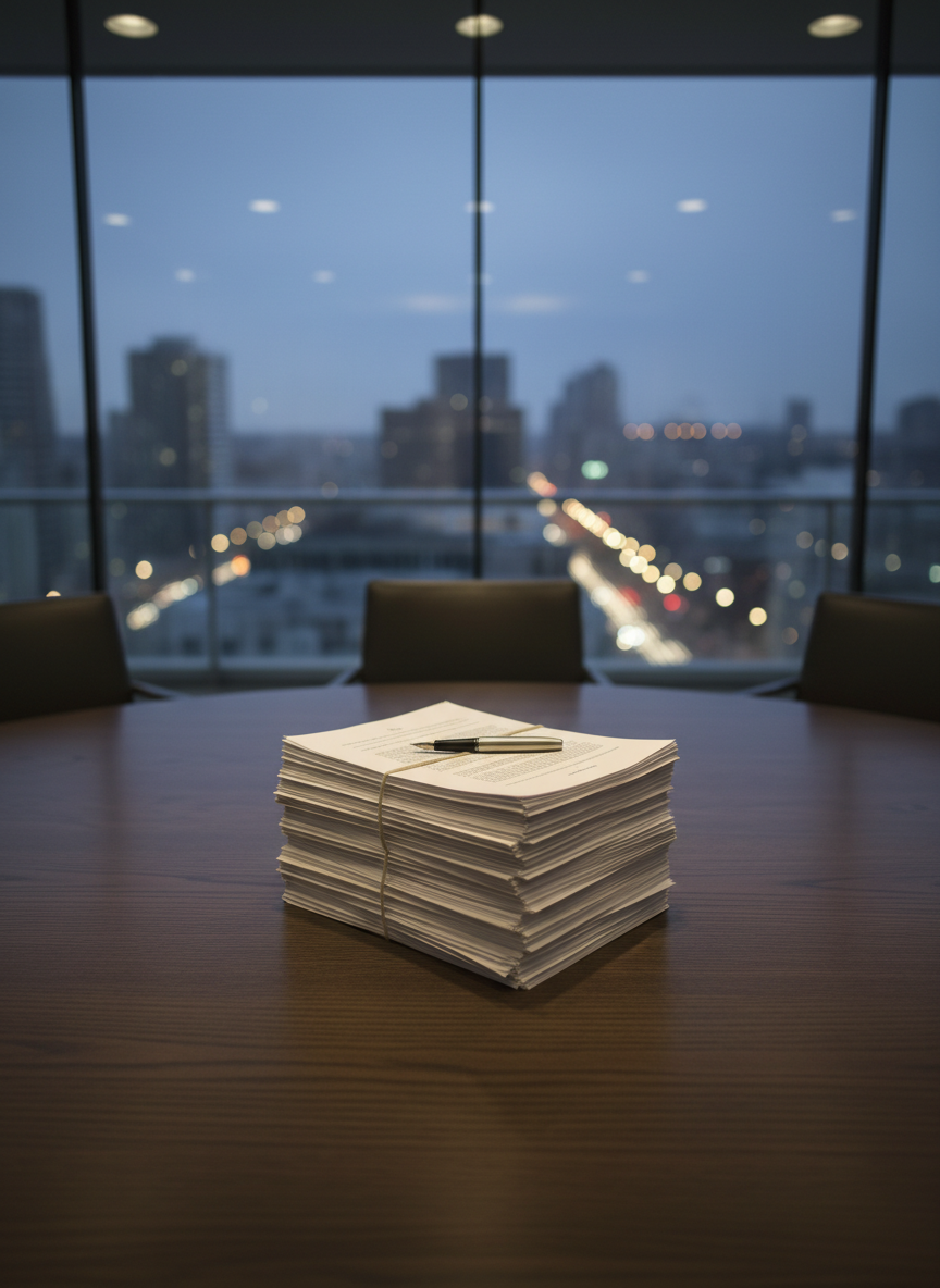 A circular oak conference table with a matte, finely grained surface, its center occupied by a single, neatly stacked pile of cream-colored policy papers and a brushed metal fountain pen. Around the table, empty high-backed chairs are just out of frame, suggesting a gathering without showing any individuals. The scene is set in a modern meeting room with glass walls that reveal a softly blurred cityscape at dusk. Cool, diffused natural light mixes with discreet ceiling spotlights, creating subtle reflections on the glass and gentle shadows on the table. Photographic realism, eye-level composition, sharp focus on the documents, with a shallow depth of field that renders the background into a calm, professional bokeh, evoking serious yet constructive democratic dialogue.