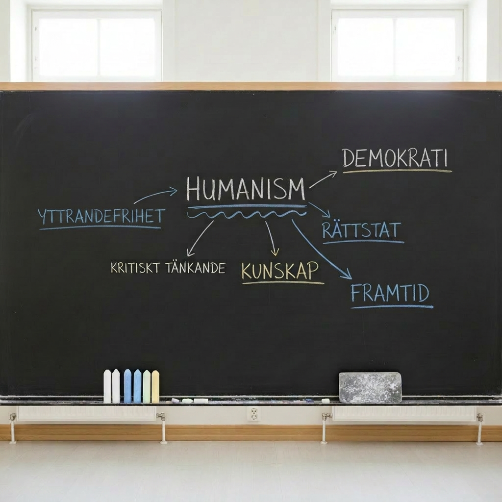 A large, unadorned blackboard stretches across the image, its surface covered with carefully written chalk concepts like “humanism”, “demokrati”, and “kunskap” in Swedish, connected by arrows and underlines in different colors. At the bottom edge, an orderly row of chalk sticks in white, blue, and yellow lies next to a well-used felt eraser dusted with fine chalk powder. The setting is a quiet seminar room with pale, neutral walls and minimalist wooden trim. Soft, indirect daylight filters through high windows, eliminating harsh shadows and creating a contemplative atmosphere. Photographic realism, shot from straight on at eye level with sharp focus across the entire blackboard, emphasizing clarity of ideas and structured, thoughtful public debate.