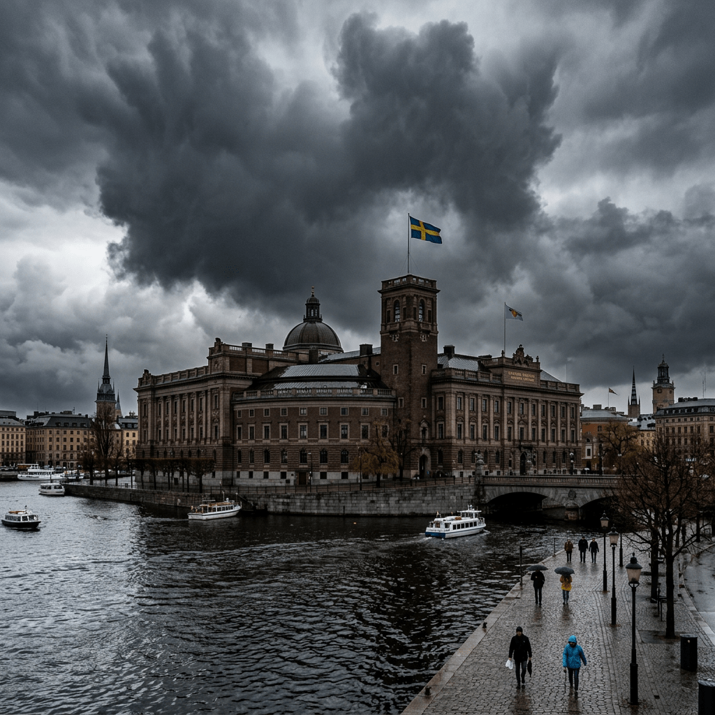 Swedish parliament building with Swedish flag flying under dark storm clouds, boats on water, people walking on wet pathway