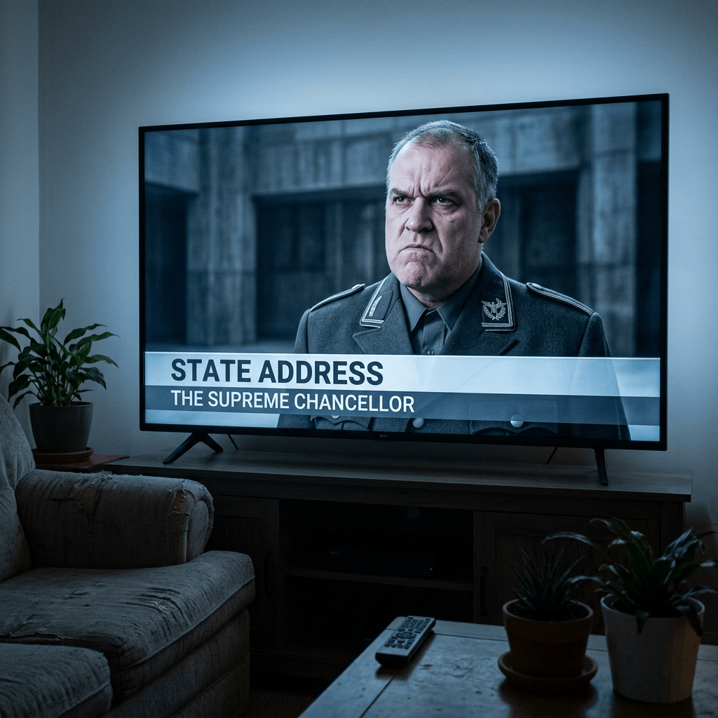 A man in a formal grey military uniform delivering a state address on a television screen with text 'STATE ADDRESS THE SUPREME CHANCELLOR'.
