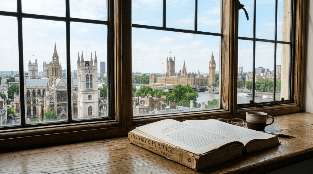 Open book on wooden window ledge with view of Westminster and Big Ben